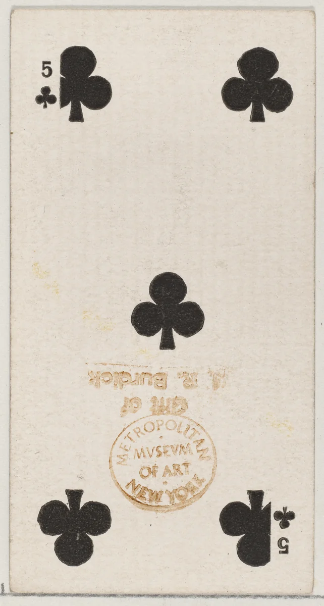 Five Clubs (black), from the Playing Cards series (N84) for Duke brand cigarettes by W. Duke, Sons & Co., print, 1888