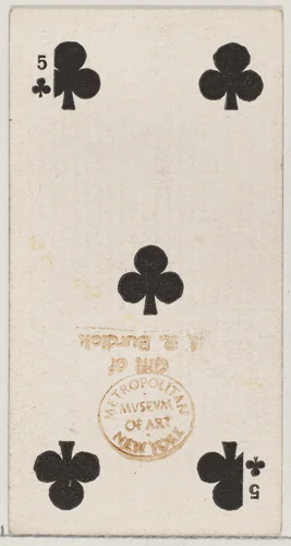 Five Clubs (black), from the Playing Cards series (N84) for Duke brand cigarettes by W. Duke, Sons & Co., print, 1888