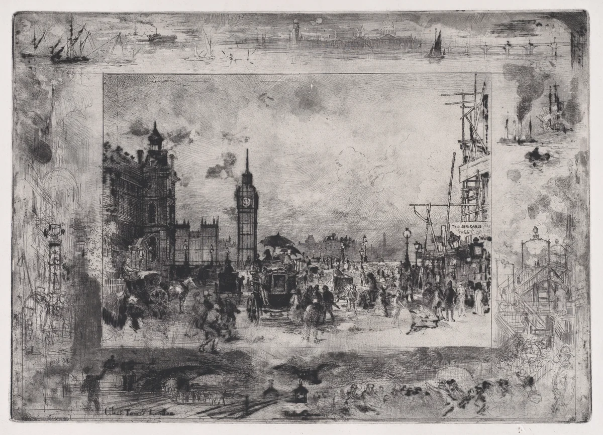 Westminster Bridge, or Westminster Clock Tower by Félix Hilaire Buhot, print, 1860-1898