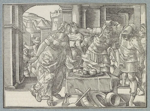 Moeder en krijgslieden bij de resten van haar opgegeten kind tijdens de hongersnood in Jeruzalem by Christoffel van Sichem, print, 1574
