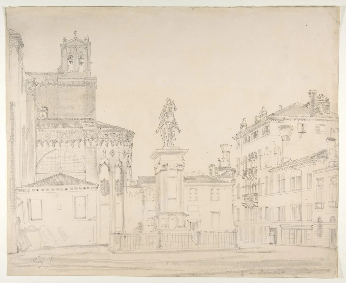 View of the South side of the church of Santi Giovanni e Paolo in Venice, with Verrocchio's statue of Bartolomeo Colleoni by Friedrich Nerly, drawing, 1807-1878