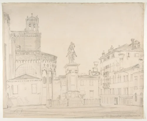 View of the South side of the church of Santi Giovanni e Paolo in Venice, with Verrocchio's statue of Bartolomeo Colleoni by Friedrich Nerly, drawing, 1807-1878