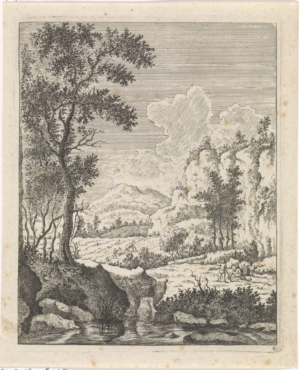 Berglandschap met twee rustende boeren bij een beek by Jacob Lutma, print, 1634-1654