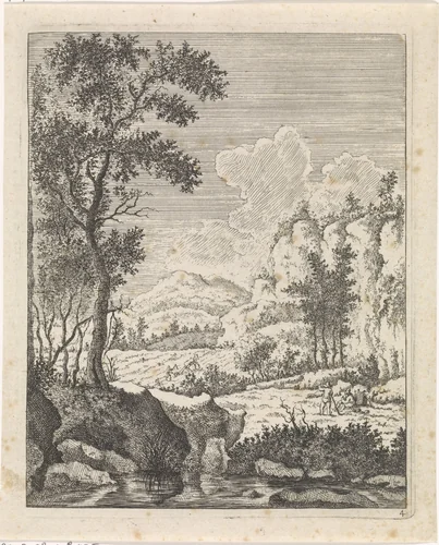 Berglandschap met twee rustende boeren bij een beek by Jacob Lutma, print, 1634-1654