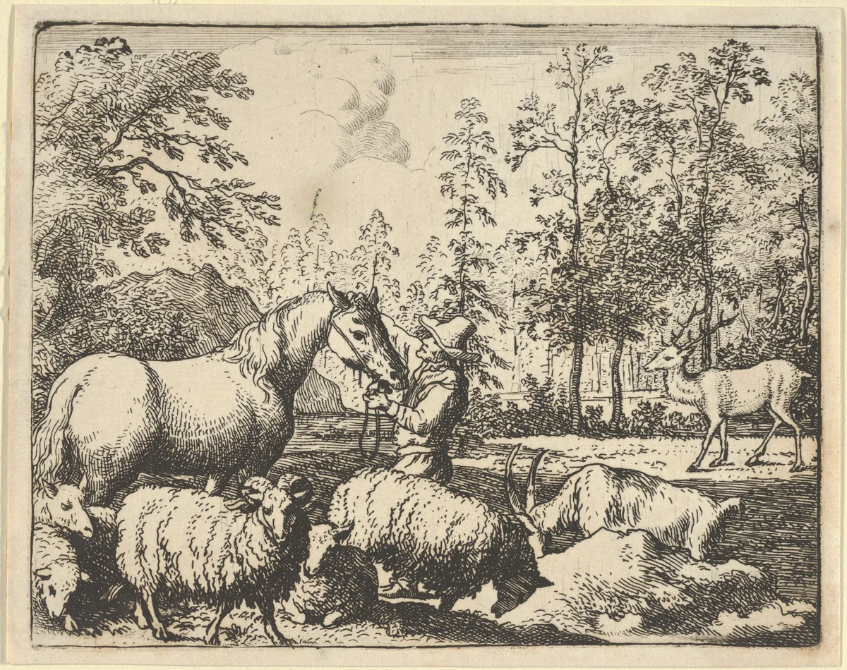 The Story of the Horse Who Wants Revenge on the Stag from Hendrick van Alcmar's Renard The Fox by Allart van Everdingen, print, 1650-1675