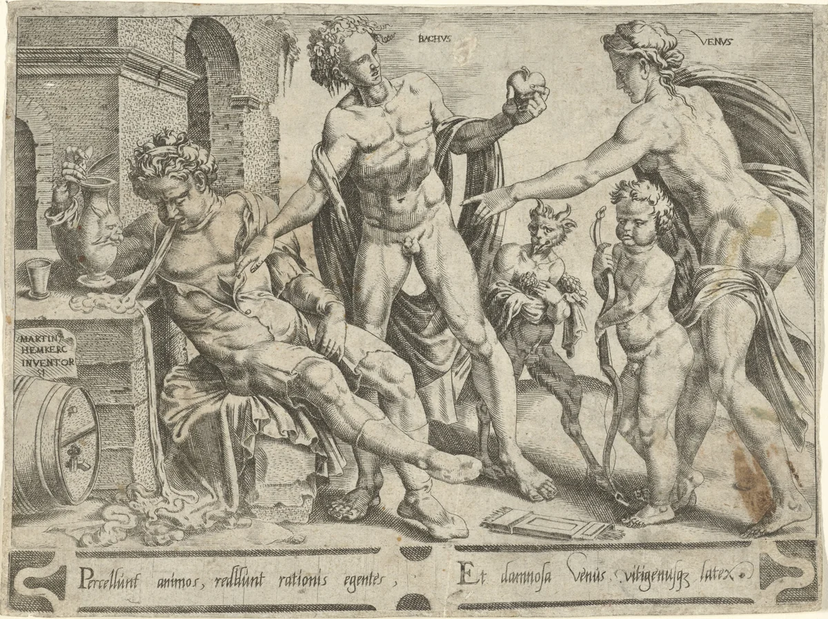 Wijn en lust nemen bezit van het hart van de dronkaard by Dirck Volckertsz. Coornhert, print, 1551