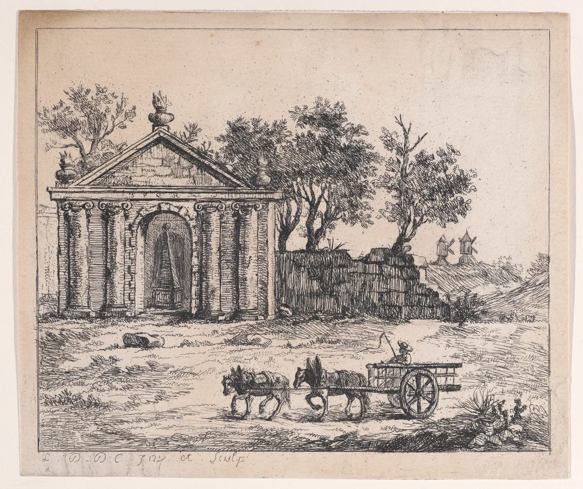 Landscape with Roman Temple and Wagon by Louis Philippe Joseph, print, 1740-1785