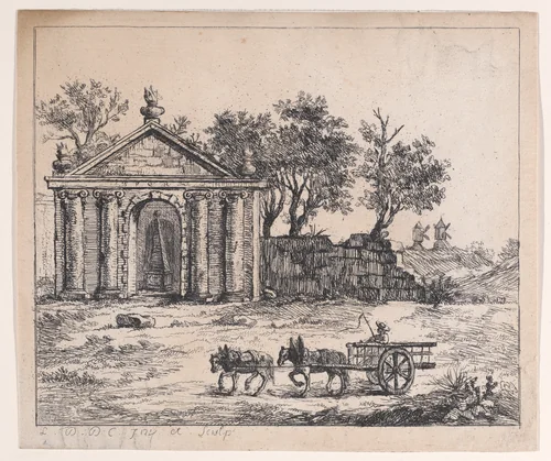 Landscape with Roman Temple and Wagon by Louis Philippe Joseph, print, 1740-1785