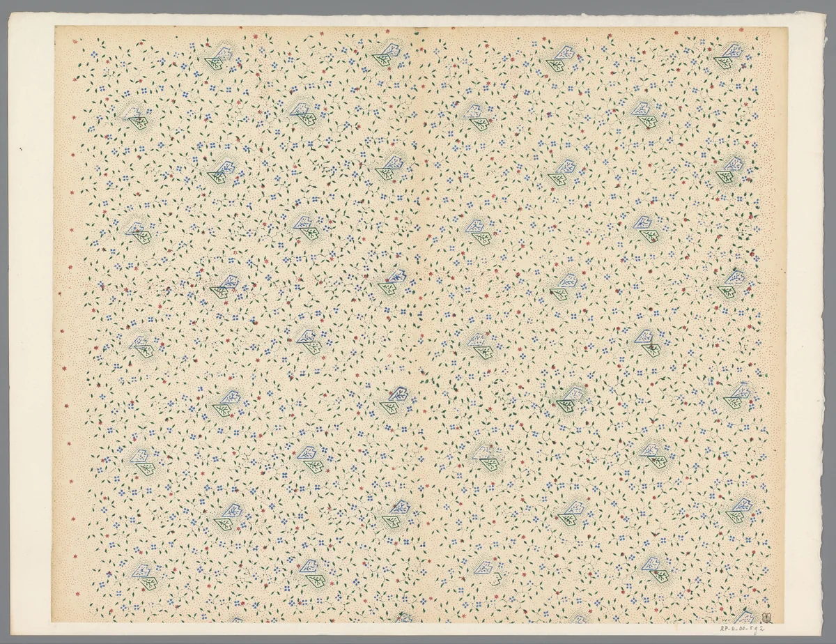 Blad met strooipatroon van ruitmotief tussen ranken en sterren op puntenfond by anonymous, print, 1800-1900