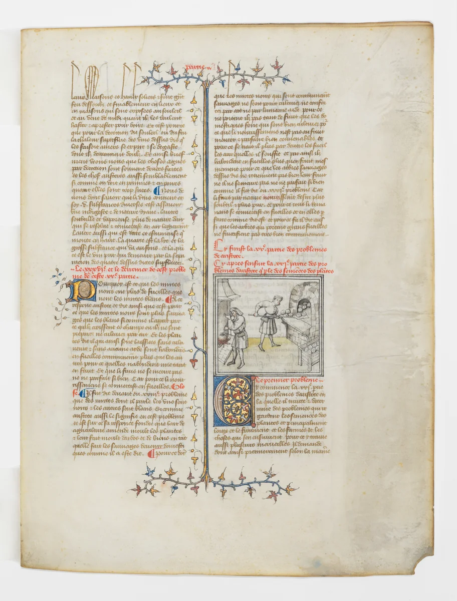 A Medieval Bakery, from the Book of Problems of Pseudo-Aristotle, translated into the French by Évrart de Conty by Master of the Second Roman de la Rose of the Duke of Berry, manuscript, 1395-1405