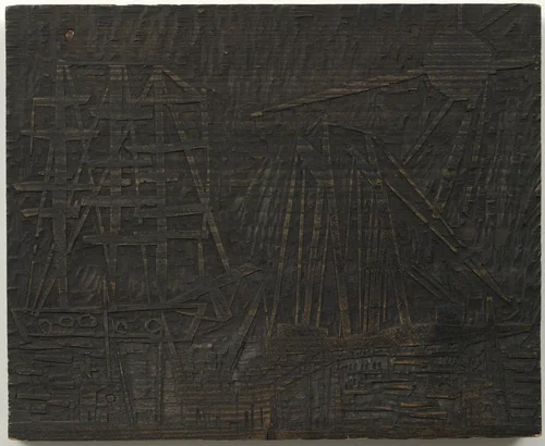 Woodcut for Anglers (with Sun and Ships) (Angler [mit Sonne und Schiffen]) by Lyonel Feininger, print, 1919