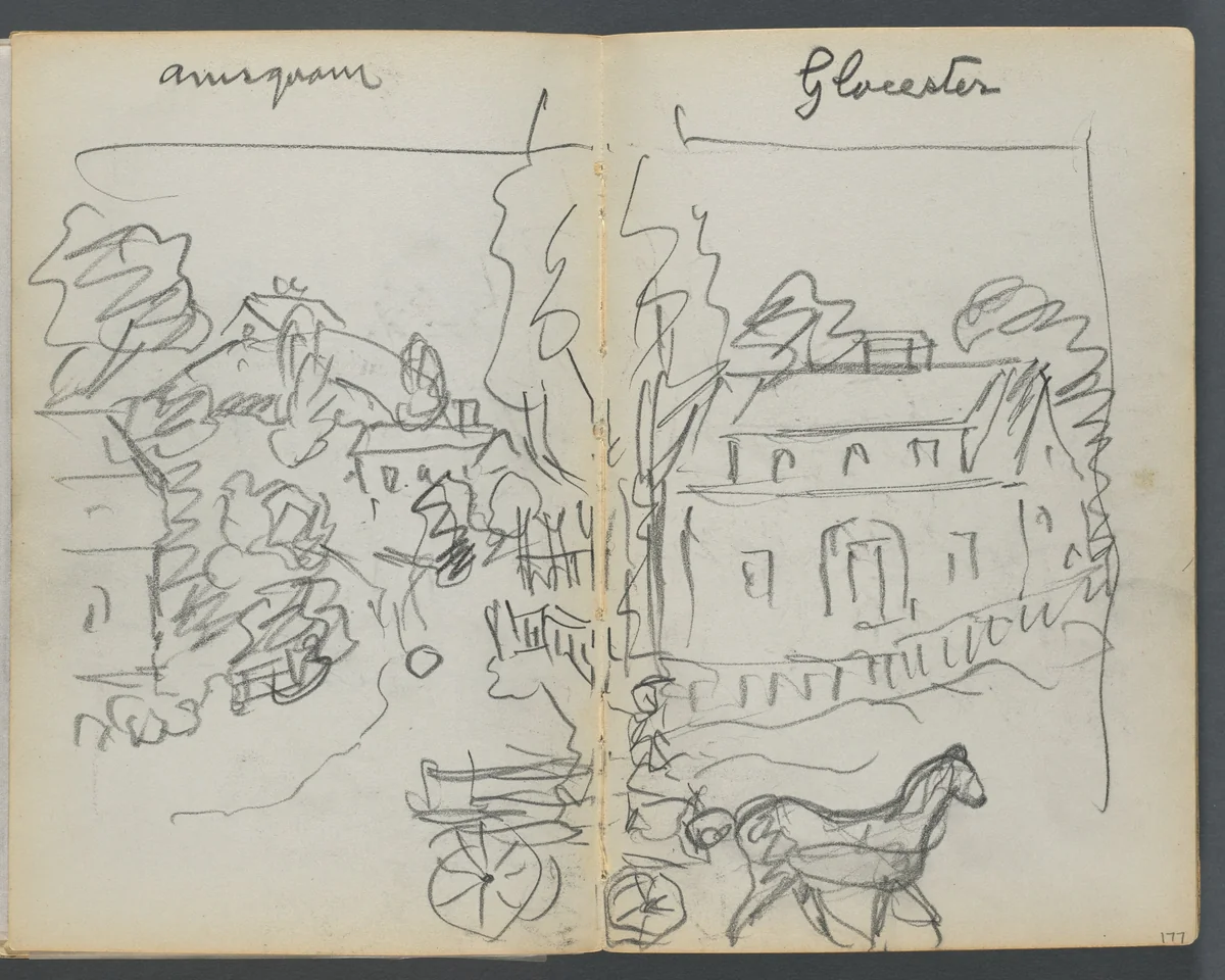 Sketchbook, The Dells, N° 127, page 176 & 177: "Annisquam - Glocester" by Maurice Prendergast, book, 1919-1921