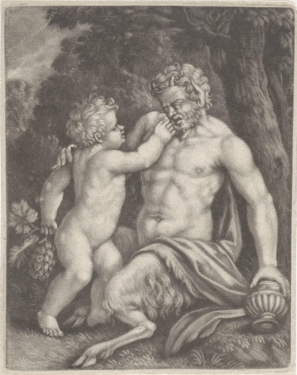 Putto voert een sater druiven by anonymous, print, 1650-1800