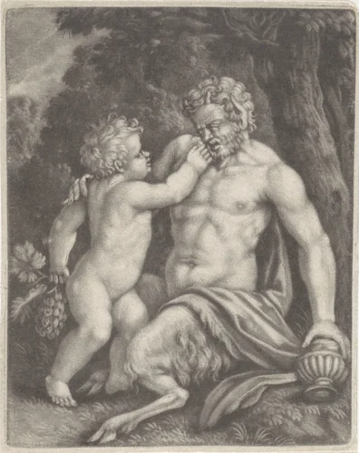 Putto voert een sater druiven by anonymous, print, 1650-1800