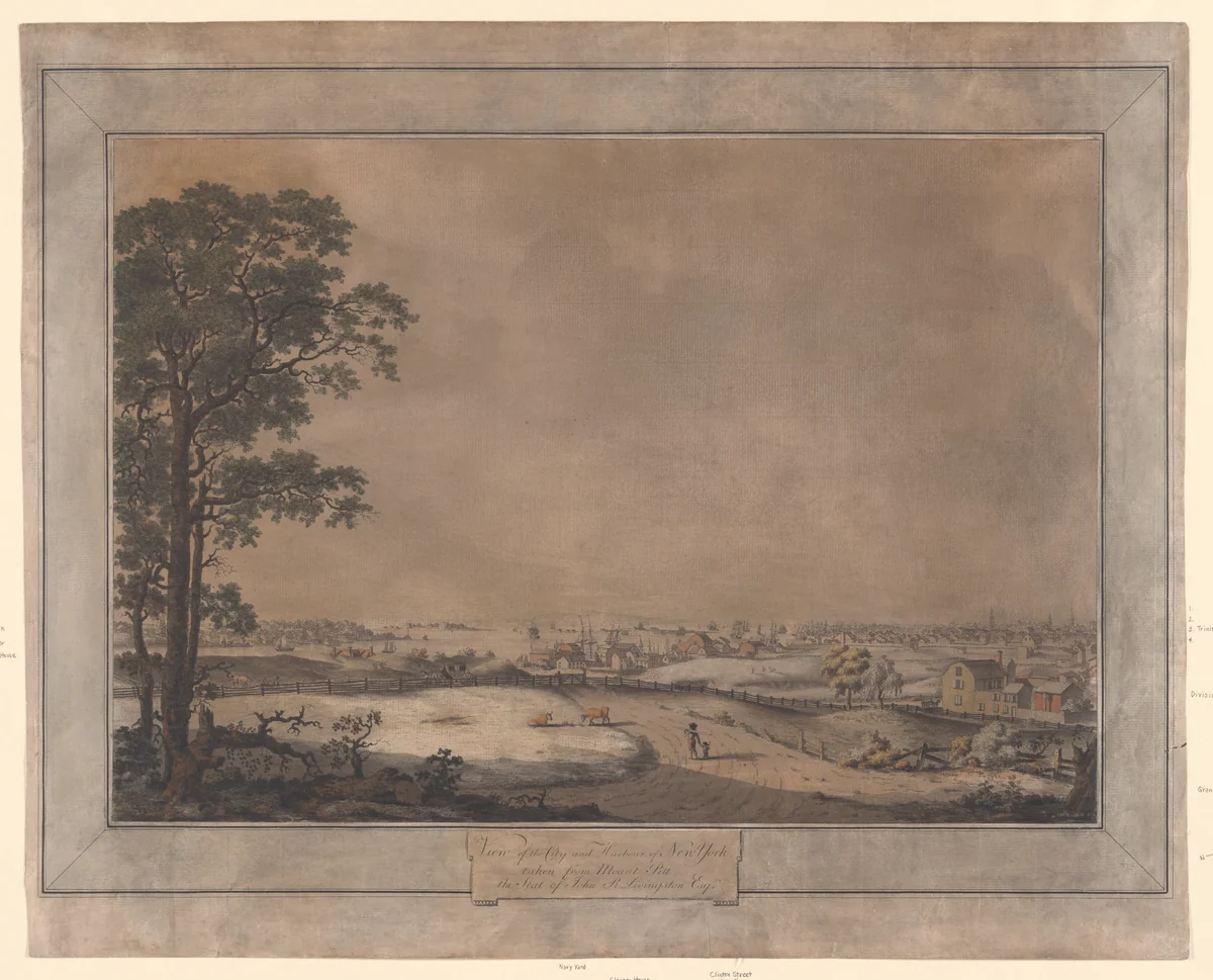 View of the City and Harbour of New York taken from Mount Pitt, the Seat of John R. Livingston, Esq. by Charles de Saint-Mémin, print, 1796