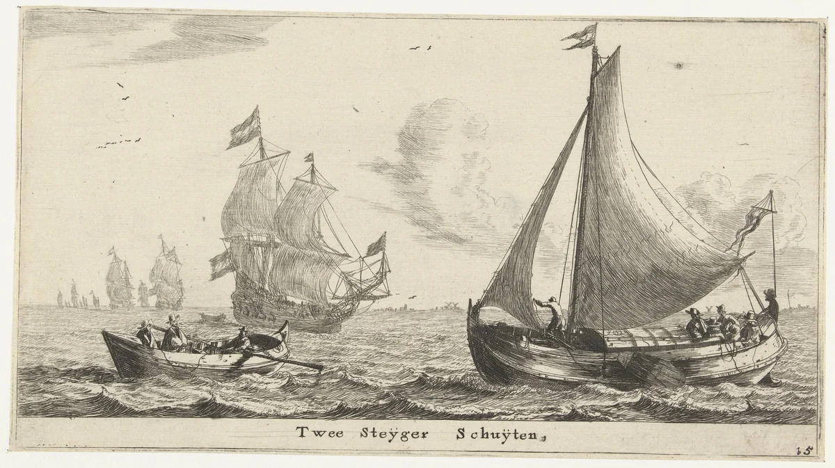 Twee steigerschuiten by Reinier Nooms, print, 1652-1654