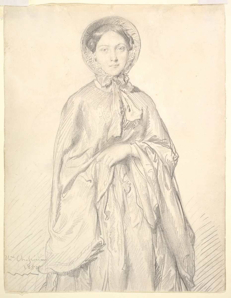 Portrait of a Young Woman Wearing a Cloak and Bonnet by Théodore Chassériau, drawing, 1850