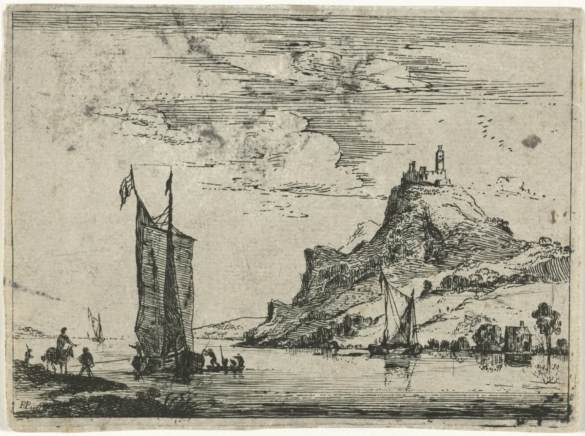 Rivierlandschap met een ruiter op de oever by Bonaventura Peeters, print, 1624-1652