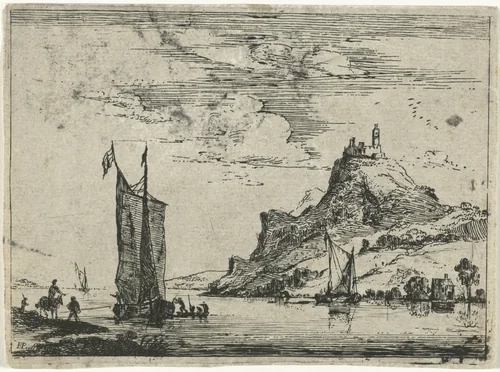 Rivierlandschap met een ruiter op de oever by Bonaventura Peeters, print, 1624-1652