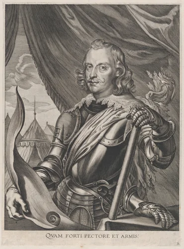 Plate 3: Portrait of Ferdinand Cardinal Infante of Spain, in military armor; from Guillielmus Becanus's 'Serenissimi Principis Ferdinandi, Hispaniarum Infantis...' by Jacobus van Schoor, print, 1636