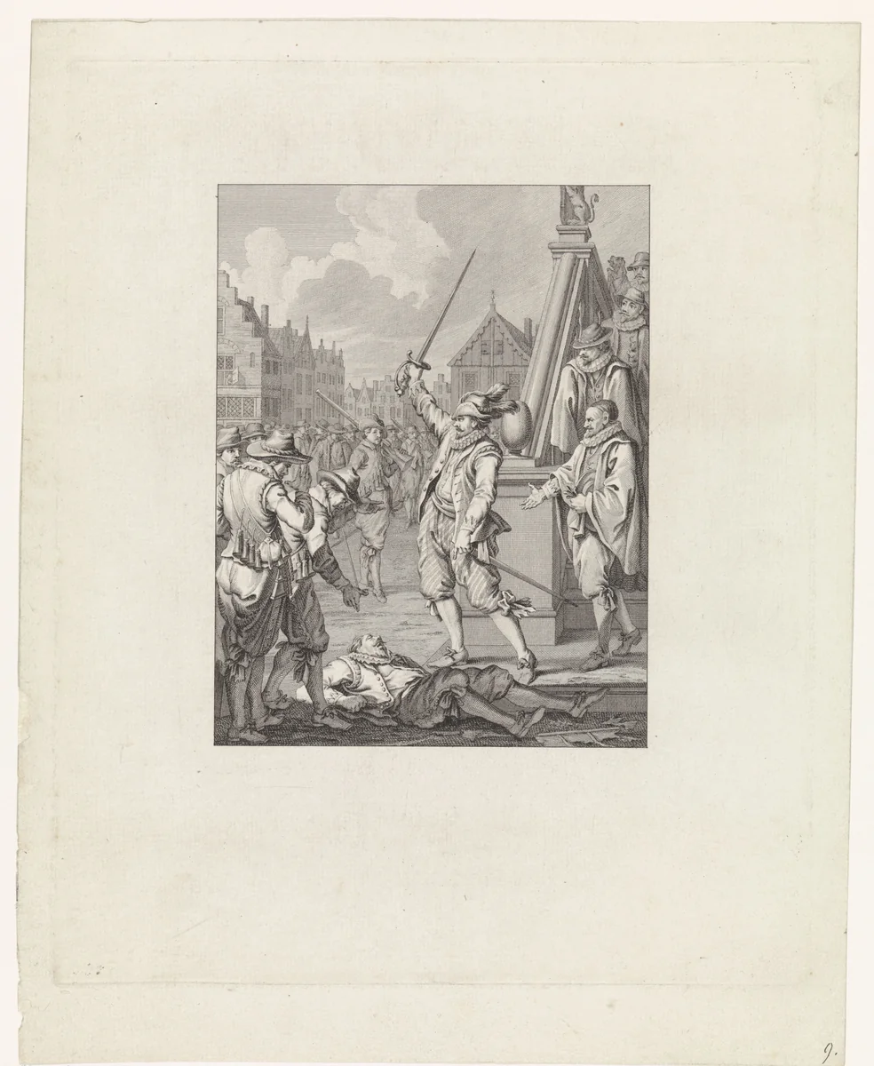 Ruychaver bij het lijk van een Spaansgezinde raadsman te Alkmaar, 1573 by Theodoor Koning, print, 1781