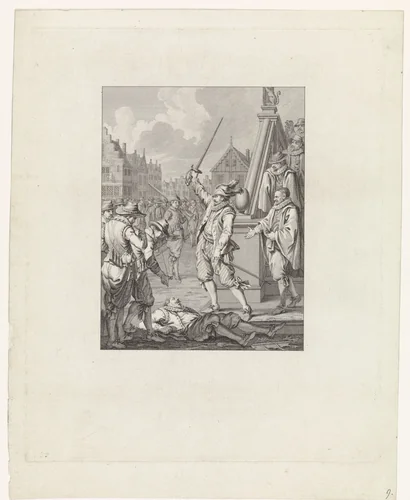 Ruychaver bij het lijk van een Spaansgezinde raadsman te Alkmaar, 1573 by Theodoor Koning, print, 1781
