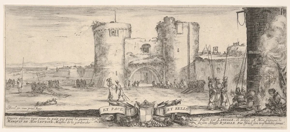 An entrance to a fortress in center, a woman with child seated by a fire to right, soldiers gather to right and in center, cannons in landscape to left, title page for "Peace and War" (Divers desseins tant pour la paix que pour la guerre) by Stefano della Bella, print, 1638-1643