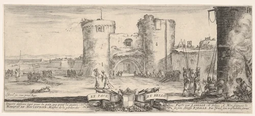 An entrance to a fortress in center, a woman with child seated by a fire to right, soldiers gather to right and in center, cannons in landscape to left, title page for "Peace and War" (Divers desseins tant pour la paix que pour la guerre) by Stefano della Bella, print, 1638-1643