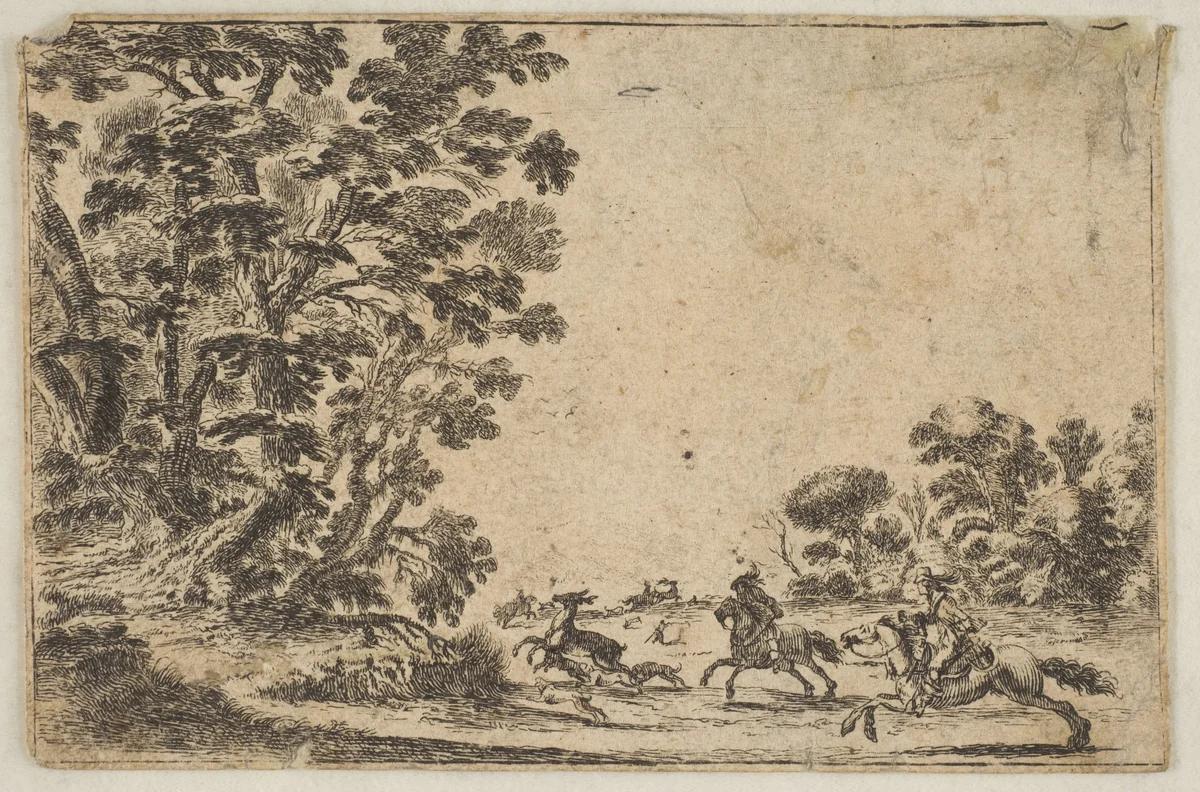 Plate 4: a deer hunt, two horsemen galloping towards the rightbehind three dogs and a deer, a group of trees to left, from "Various Figures" (Agréable diversité de figures) by Stefano della Bella, print, 1642-1660