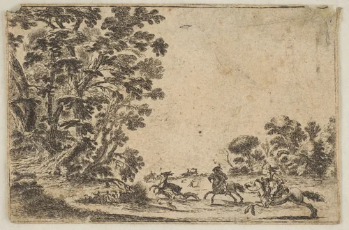 Plate 4: a deer hunt, two horsemen galloping towards the rightbehind three dogs and a deer, a group of trees to left, from "Various Figures" (Agréable diversité de figures) by Stefano della Bella, print, 1642-1660