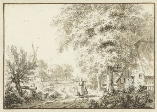 Dorpsgezicht met vrouw met juk by Jacob Cats, drawing, 1765