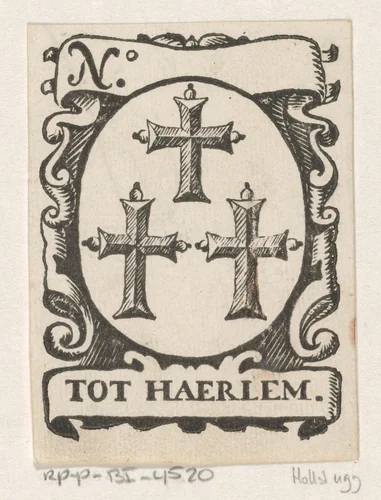 Handelsetiket met drie kruizen in een ovaal by Isaac Vincentsz. van der Vinne, print, 1681-1740
