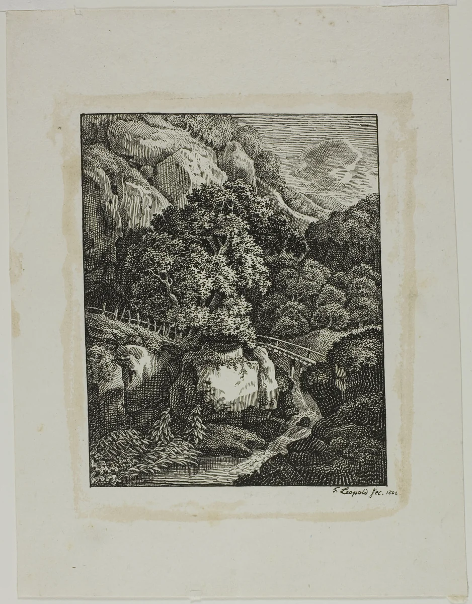 Wooded Mountain Landscape with a Small Waterfall and Pathway by Franz Joseph Leopold, print, 1805