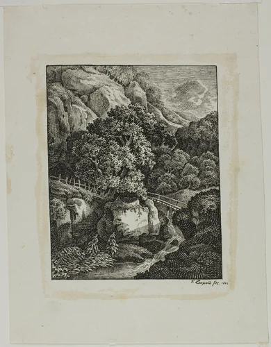 Wooded Mountain Landscape with a Small Waterfall and Pathway by Franz Joseph Leopold, print, 1805