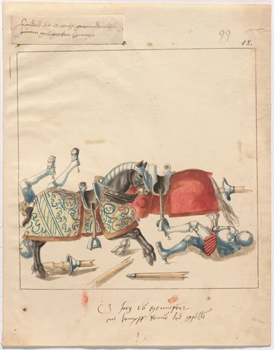 Mock Joust of War in Reinforced Field Armor by German 16th Century, drawing, 1515