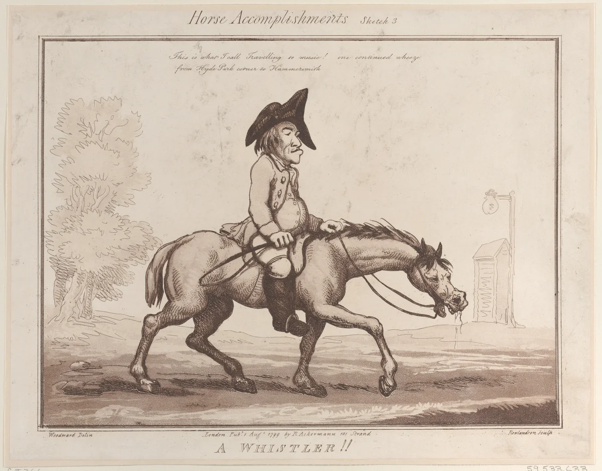 Horse Accomplishments, Sketch 3: A Whistler !! by Thomas Rowlandson, print, 1799