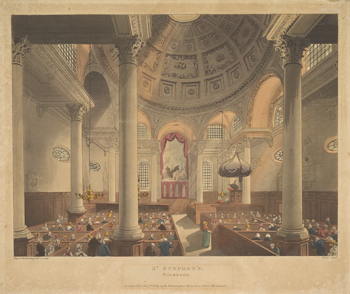 St. Stephen's Walbrook, plate 90 from "Microcosm of London" by Thomas Rowlandson, print, 1809