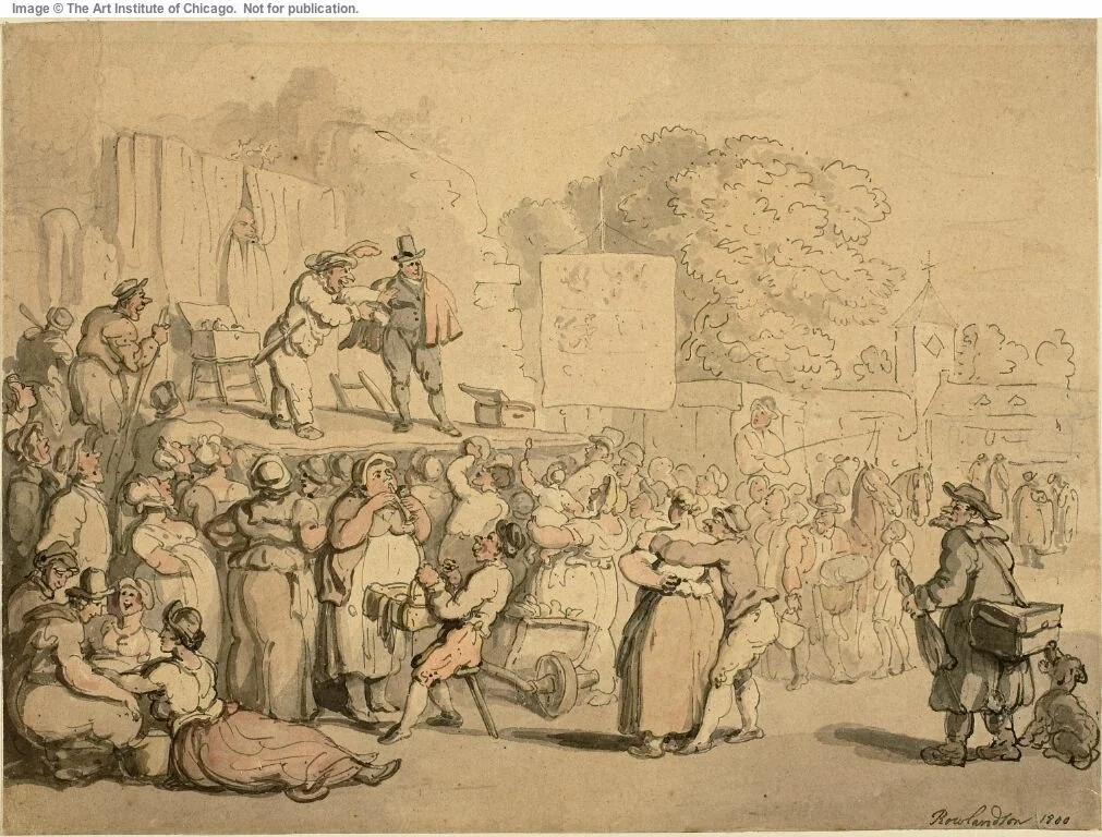 Village Fair: Harlequin and Quack by Thomas Rowlandson, painting, 1800
