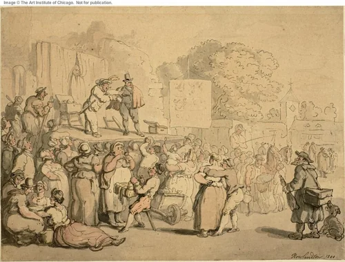 Village Fair: Harlequin and Quack by Thomas Rowlandson, painting, 1800