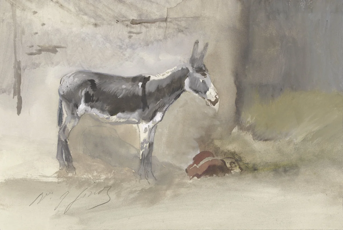 Ezel in een stal by Jules baron Finot, drawing, 1856-1882