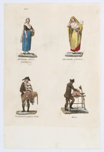 Plate 5: four street vendors from Madrid selling sweet albellanitas dulces, alacalienties, tender cuts and a knife grinder, from 'Los Gritos de Madrid' (The Cries of Madrid) by Miguel Gamborino, print, 1809-1817