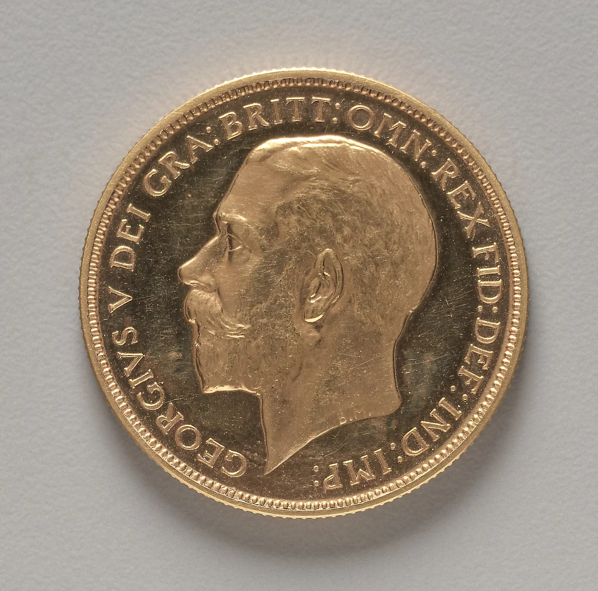Two Pound Piece: Portrait of King George V (obverse) by Bertram Mackennal, metalwork, 1911