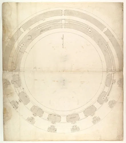St. Peter's, drum, plan, at two levels (recto) compass (verso) by anonymous, drawing, 1500-1560