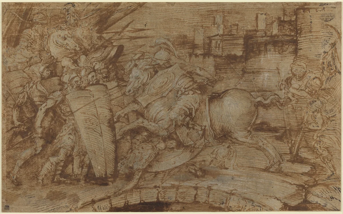 Horatius Cocles Defending Rome by Master of the Victoria and Albert Diableries, drawing, 1500-1599
