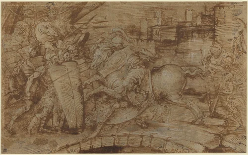 Horatius Cocles Defending Rome by Master of the Victoria and Albert Diableries, drawing, 1500-1599