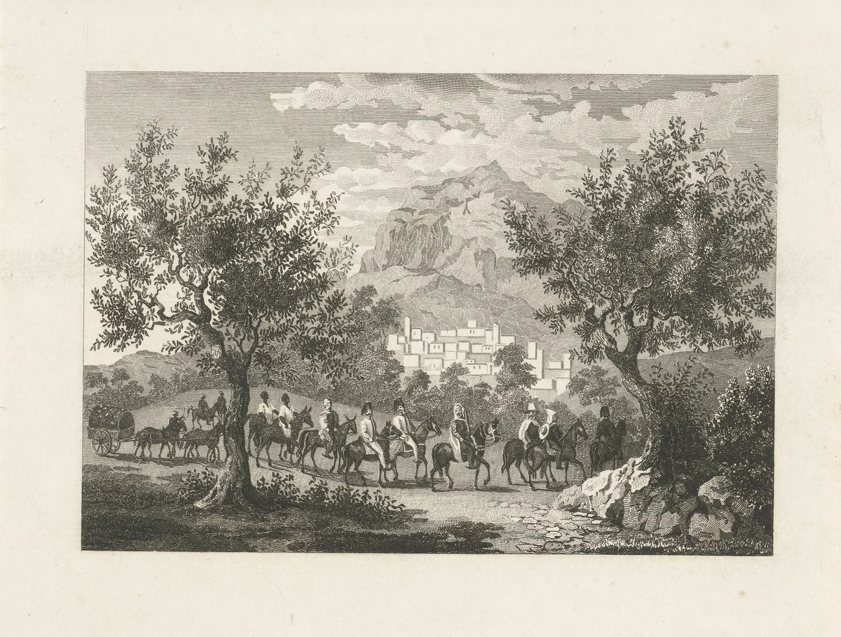 Ottomaanse ruiterstoet bij een hoge berg by Henricus Wilhelmus Couwenberg, print, 1830-1845