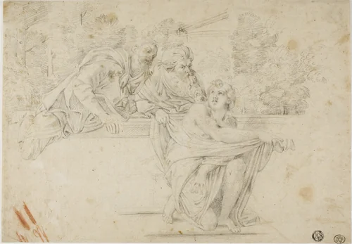 Susanna and the Elders (recto); Profile Head of Woman (verso) by Annibale Carracci, drawing, 1597-1707
