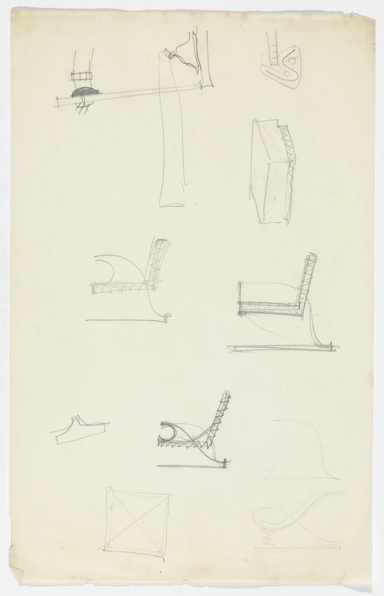Lounge Chair with Arms. Table. Unidentified detail sketches. (Elevation sketches, plan and perspective sketch) by Ludwig Mies van der Rohe, mies van der rohe archive, 1926