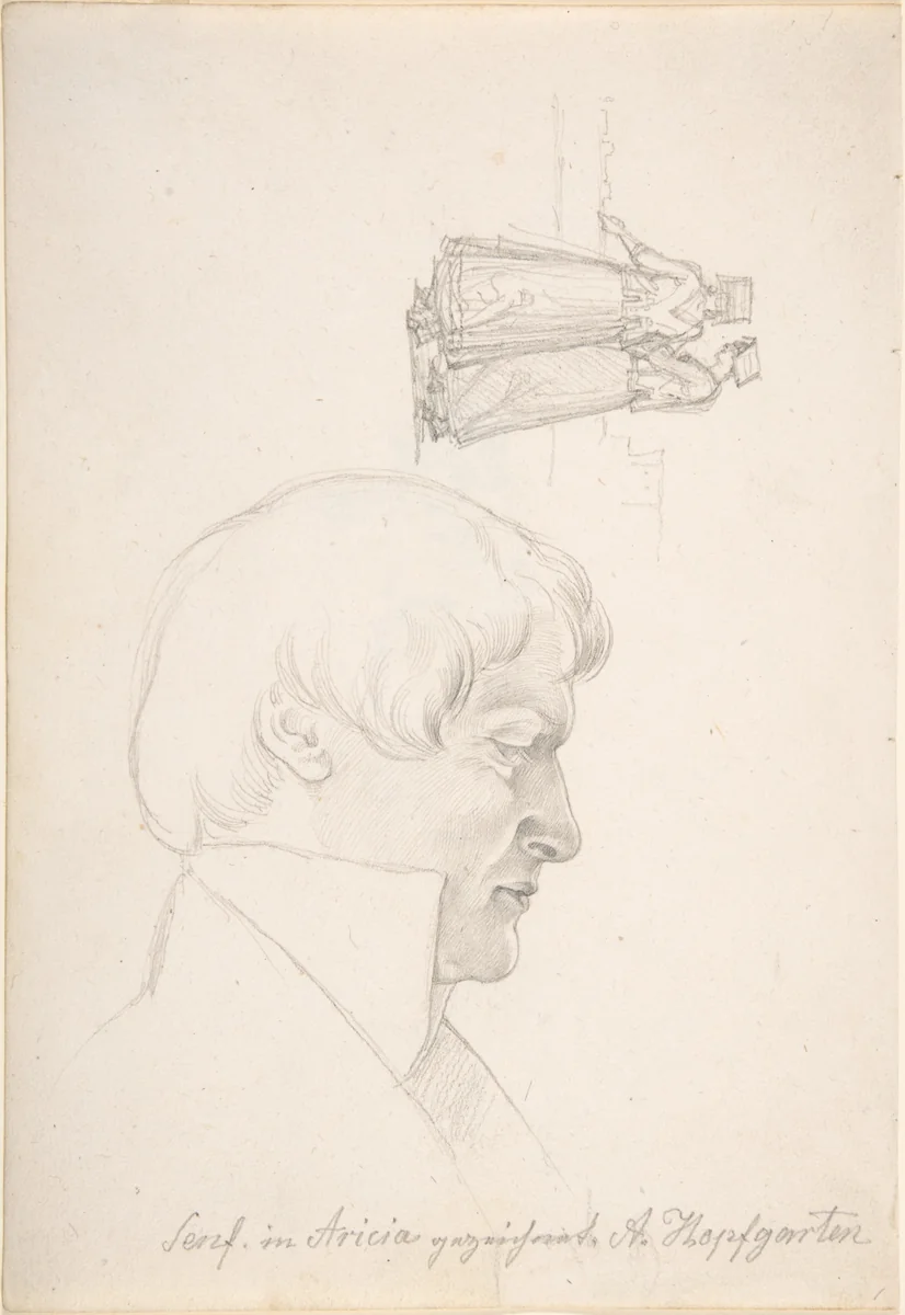 Study Sheet with a Portrait of Carl Julius Senff and Two Italian Women Walking by August Ferdinand Hopfgarten, drawing, 1815-1896