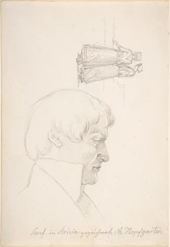 Study Sheet with a Portrait of Carl Julius Senff and Two Italian Women Walking by August Ferdinand Hopfgarten, drawing, 1815-1896